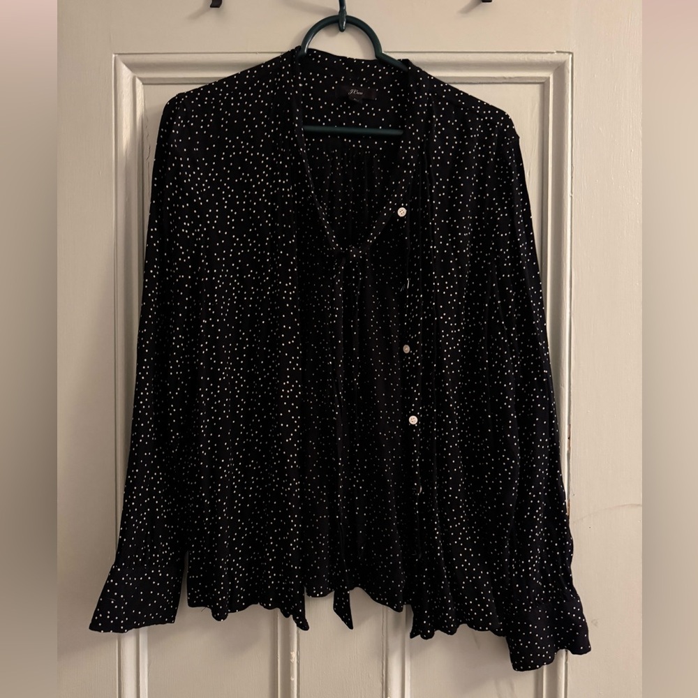 J Crew button-down top. Black with tiny white polka dots.